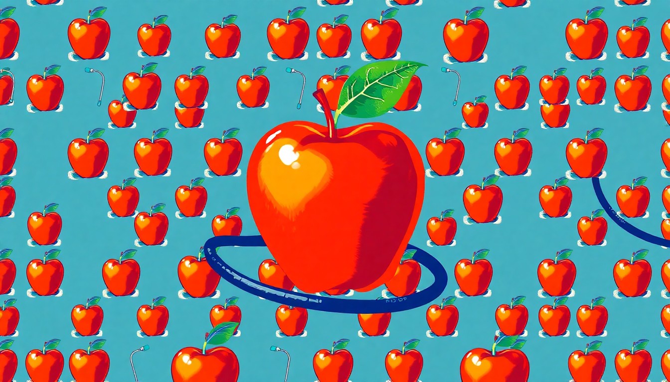 A bold, stylized grid of silkscreen images depicting a stethoscope and an apple, conveying the intersection of emergency medical care and healthy food access supported by community grants.