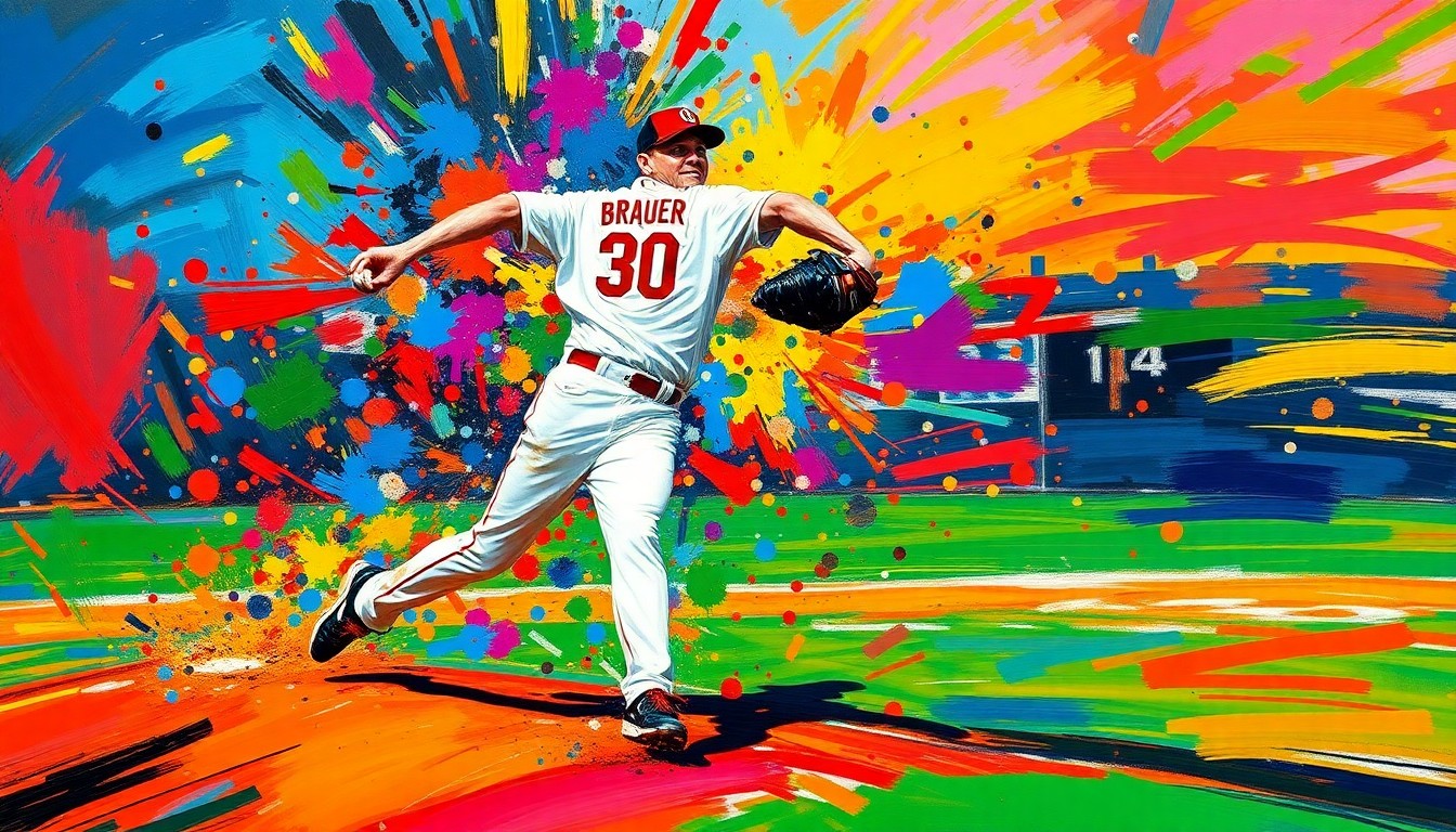 An abstract, expressionist painting in vibrant neon colors depicting the powerful pitching motion of a baseball player, with the batter and field blurring into unrecognizable shapes and splatters.