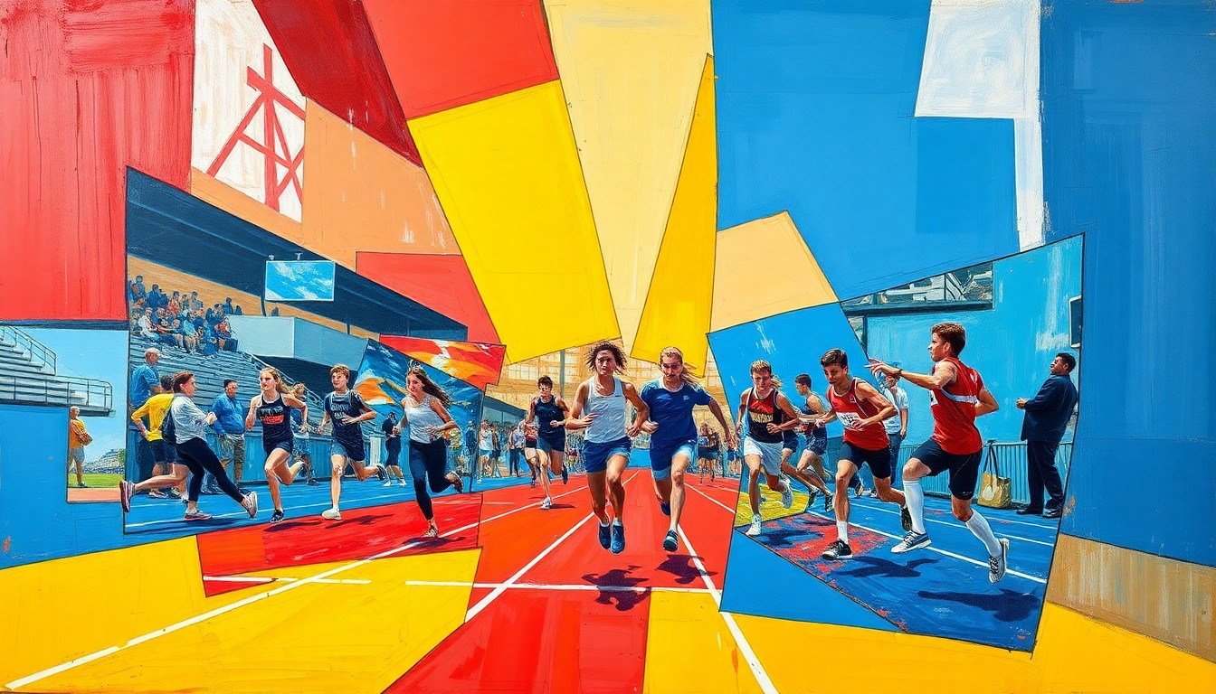 A cubist, geometric painting depicting a high school track and field competition, with overlapping planes of color and movement, capturing the energy and anticipation of the upcoming outdoor season.