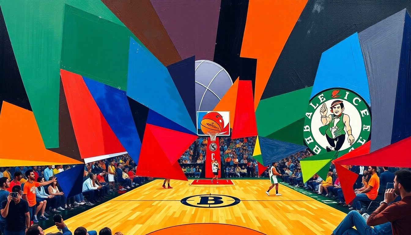 A cubist, geometric painting depicting an abstract basketball game, with overlapping planes of the Hawks' red and gold colors and the Celtics' green and white hues.