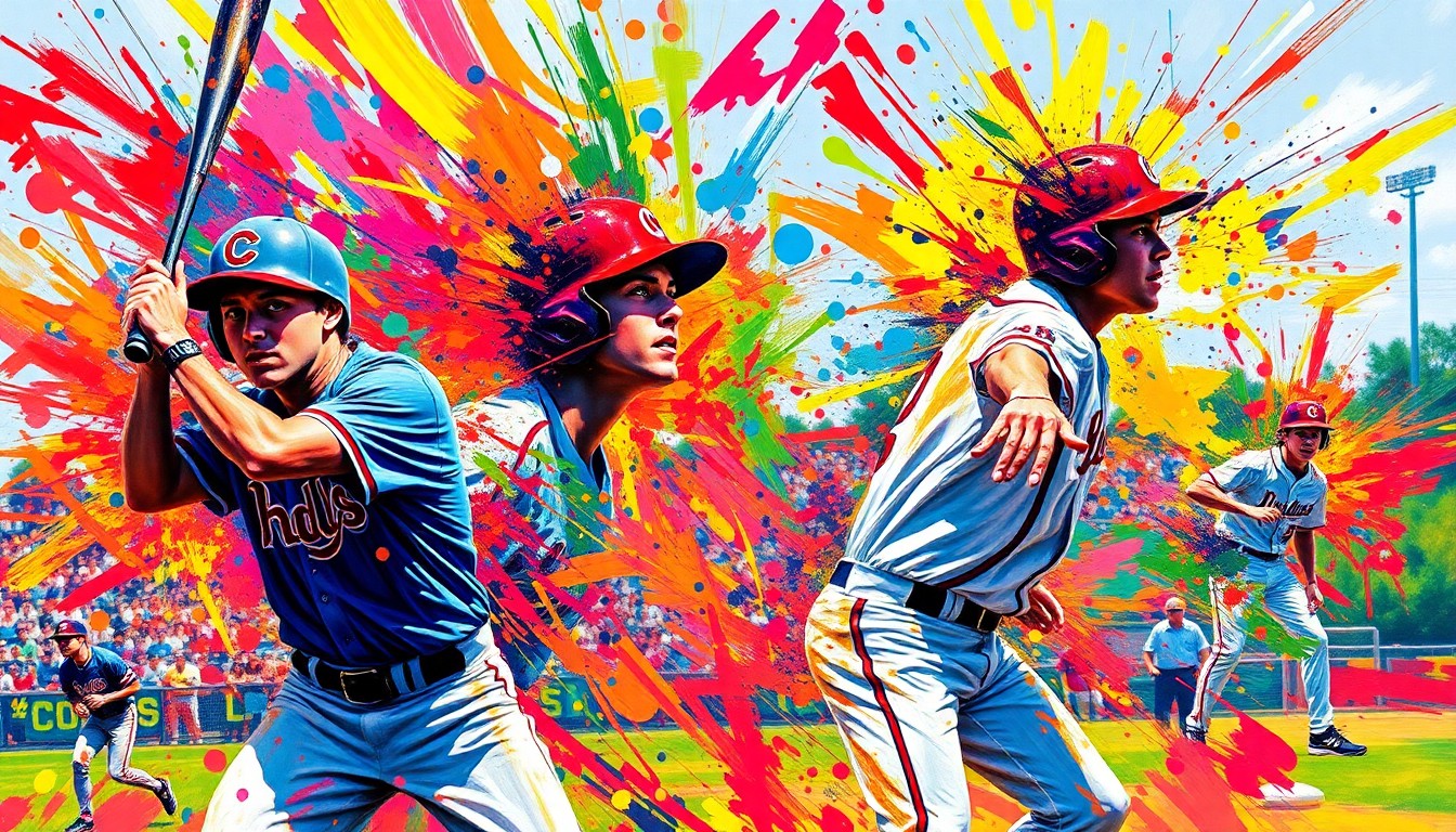 An abstract, expressionist painting in vibrant neon colors, capturing the dynamic energy and movement of a high school baseball game with players' forms dissolving into unrecognizable splatters of paint.
