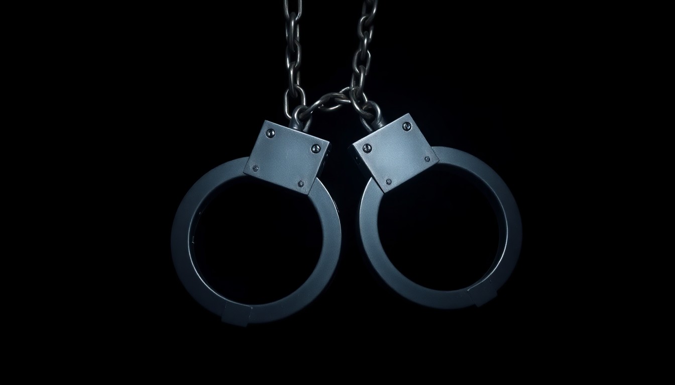 An extreme close-up photograph of a pair of handcuffs against a pitch-black background, the metallic texture and harsh lighting creating a gritty, investigative aesthetic.