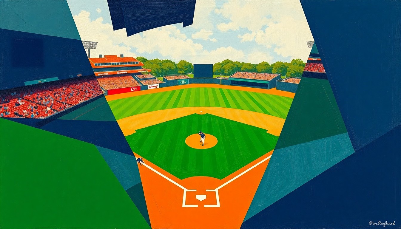 A fractured, cubist-style painting depicting a college baseball game, with the players and field abstracted into bold, angular shapes in a vibrant color palette, capturing the raw energy and momentum of the game.