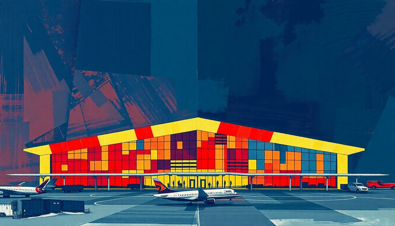 A dynamic, abstract painting of an airport terminal building in overlapping geometric shapes and waves of dark blue, red, and gold, conveying the political tensions and momentum around the proposed name change.