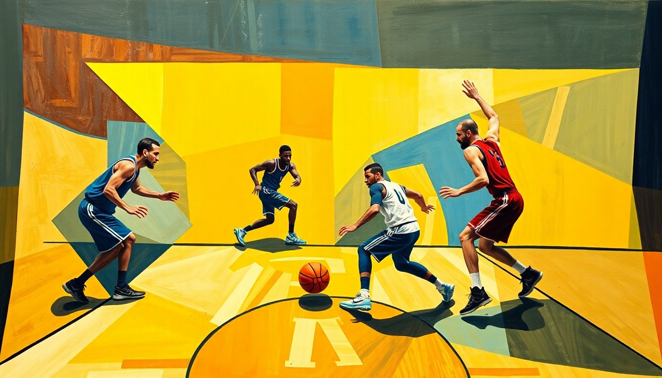 A fractured, multi-perspective painting featuring angular, overlapping geometric shapes representing basketball players, the ball, and the court. The abstract composition captures the dynamic energy and strategic complexity of the game.