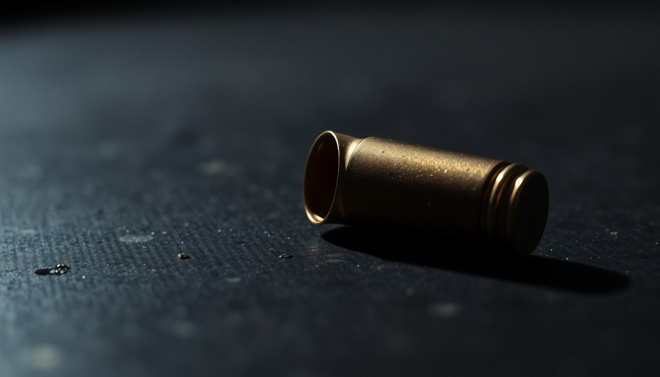 An extreme close-up of a single spent shell casing on a dark surface, lit by a harsh, direct camera flash, conceptually representing the evidence of a violent crime.