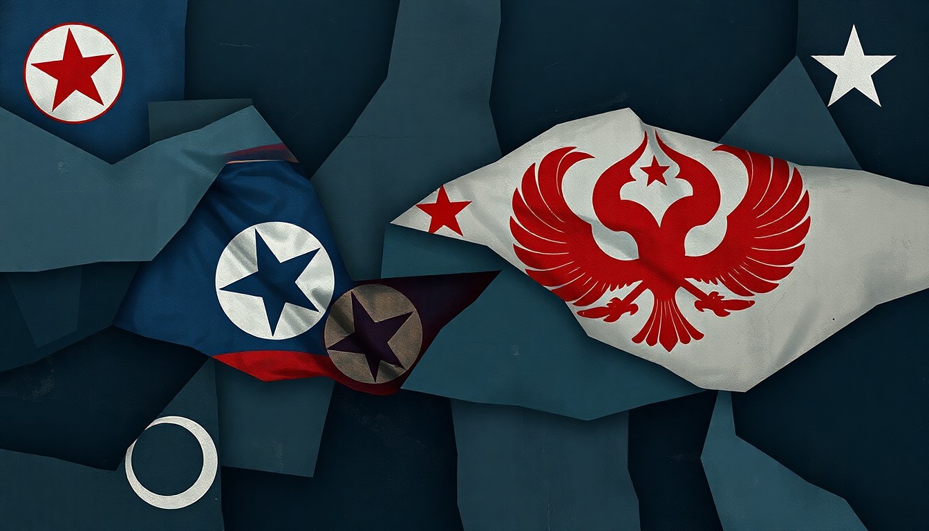 A dynamic, abstract painting featuring overlapping geometric shapes and fragments in shades of blue, grey, and red, conceptually representing the growing military cooperation between North Korea and Russia.