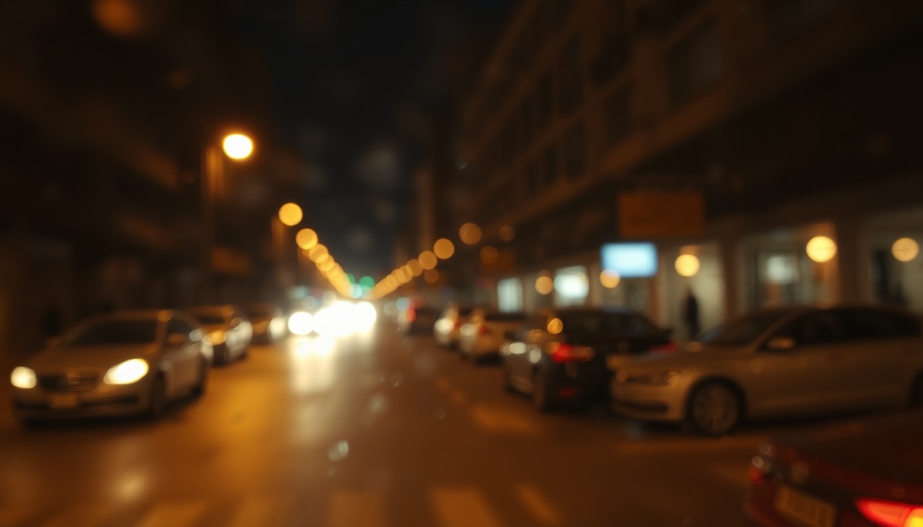 An abstract, out-of-focus image of a city street at night, with the faint outlines of parked cars and streetlights visible through a hazy, warm glow, conceptually representing the routine maintenance of urban infrastructure.
