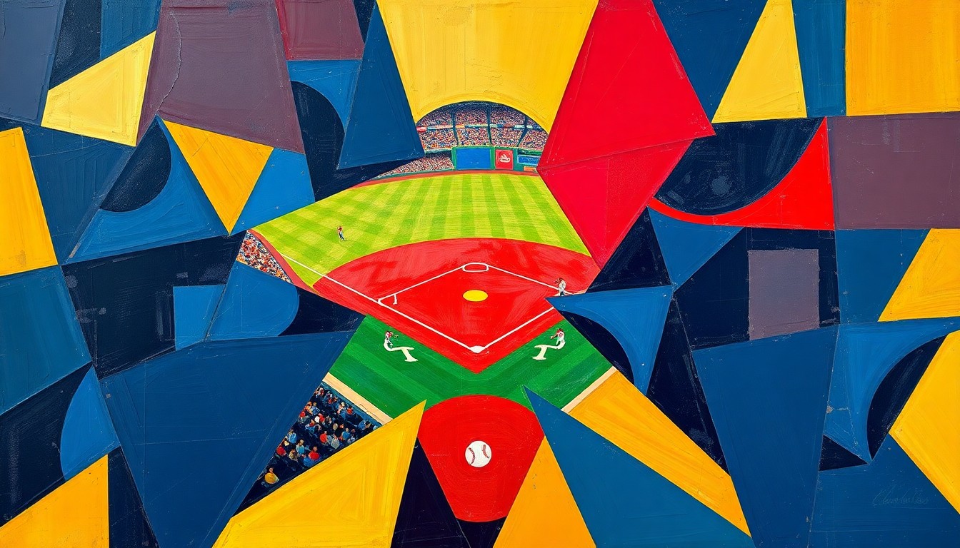 A fractured, geometric painting depicting a baseball game, with sharp planes of navy, crimson, and gold colors overlapping to create a dynamic, abstract composition.