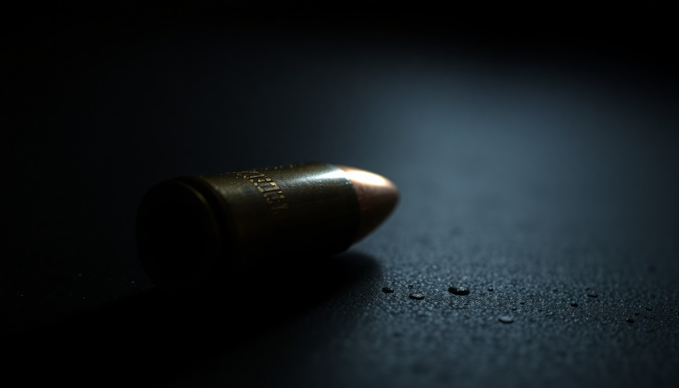 An extreme close-up photograph of a spent bullet casing on a dark surface, lit by a harsh, direct camera flash, conceptually representing the physical evidence from a police shooting investigation.