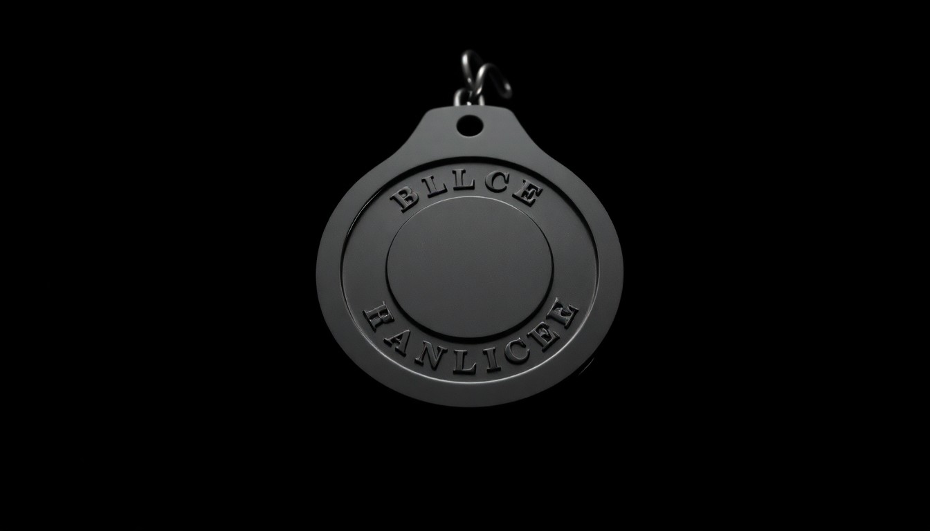 An extreme close-up photograph of a police badge or handcuff, lit by a harsh, direct camera flash against a pitch-black background, creating a stark, gritty, investigative aesthetic.