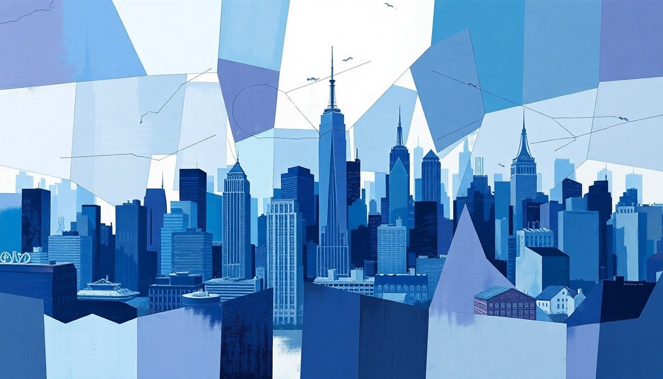 A dynamic, abstract painting of a city skyline in shades of blue, grey, and purple, with overlapping geometric shapes and fractured lines conveying a sense of motion and energy, conceptually representing the corruption investigation into New York City and state officials.