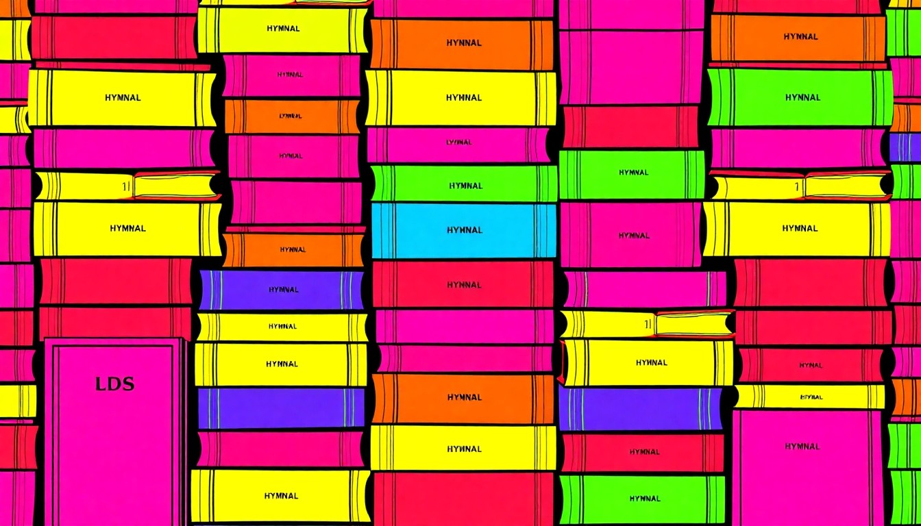 A grid of brightly colored, high-contrast silkscreen images of LDS hymnals and scriptures, conceptually representing the church's efforts to adapt its Sunday meeting schedule.