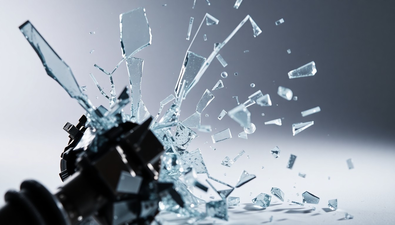 An extreme close-up of shattered glass and crumpled metal in dramatic, high-contrast lighting, conceptually representing the damaged trust and broken bonds at the center of this reality TV controversy.