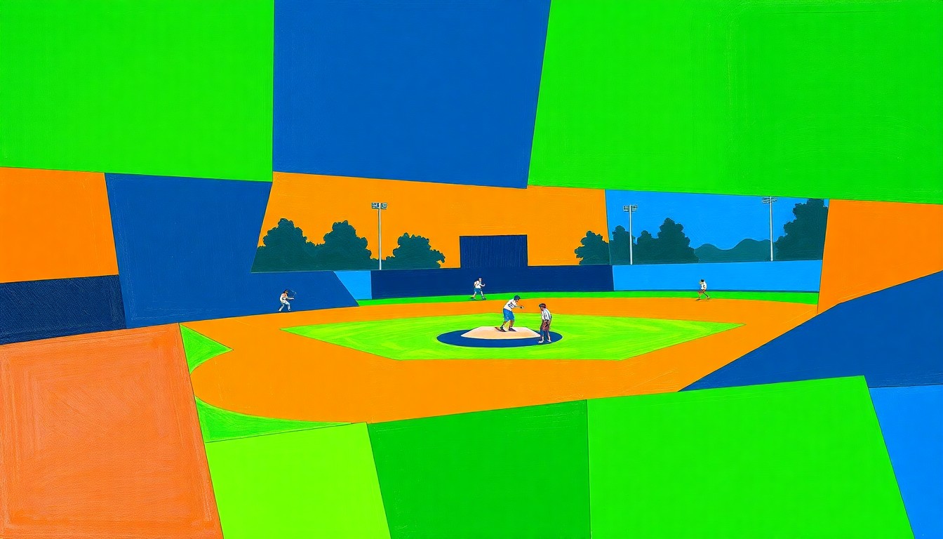 A fragmented, geometric painting depicting the dynamic movements and energy of a high school softball game, with sharp planes of color representing the players, field, and equipment.