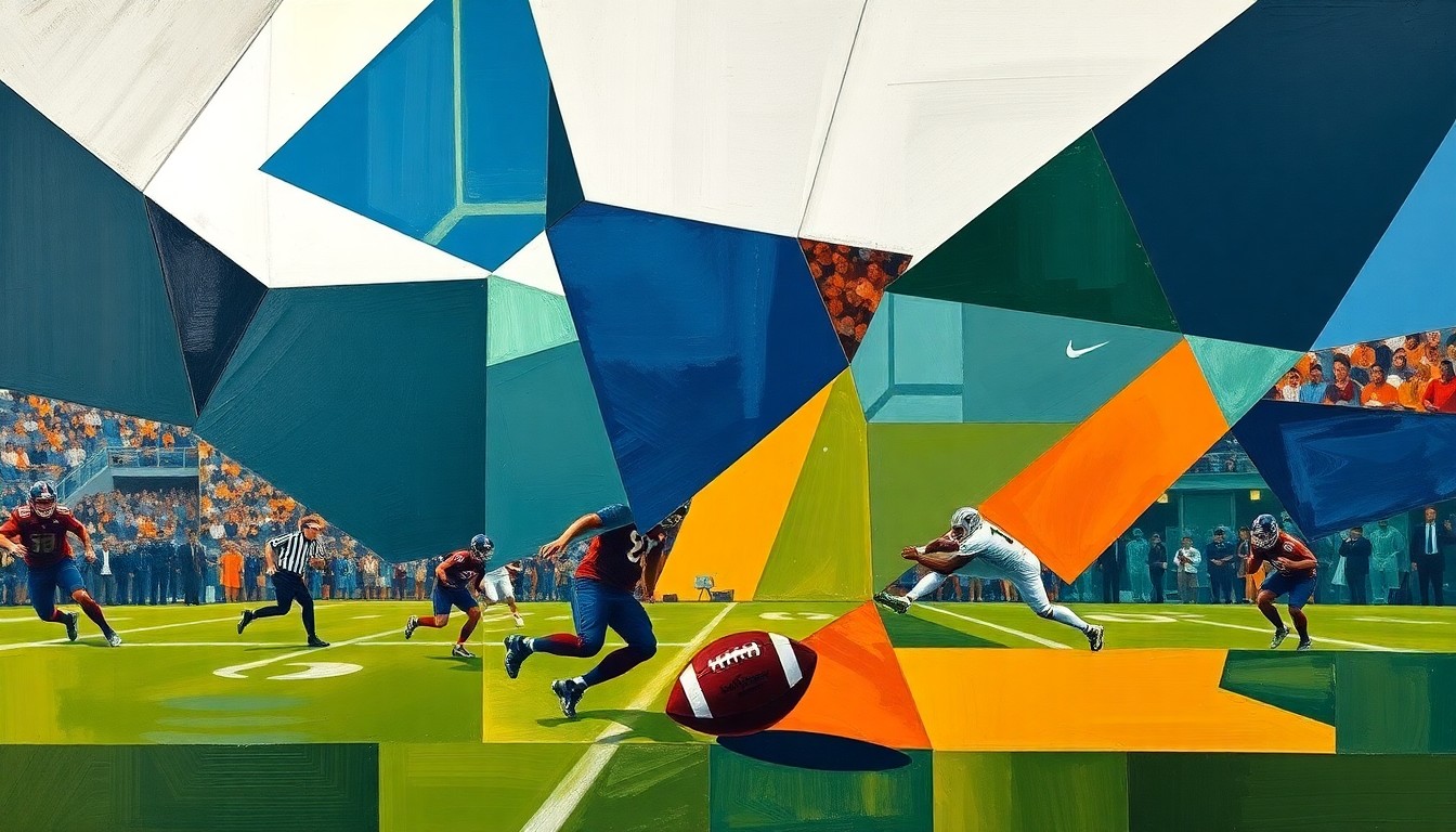 A fragmented, geometric painting depicting a football game, with sharp planes of navy, green, and orange overlapping to create a dynamic, abstract scene.