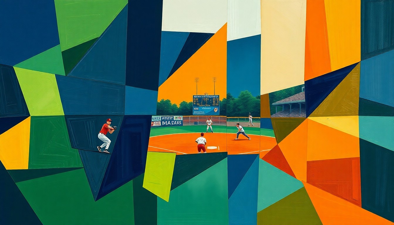 A fragmented, cubist-style painting depicting a softball game, with sharp geometric shapes in navy, green, and orange representing the dynamic action on the field.