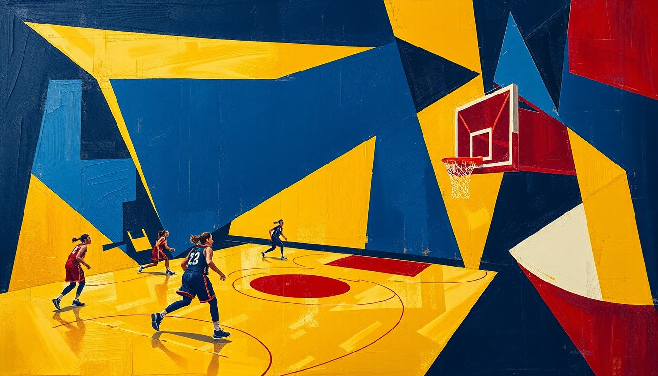 A cubist-style painting featuring overlapping geometric shapes and planes in navy blue, gold, and crimson, conceptually representing the back-and-forth action and emotional intensity of a women's basketball tournament game.