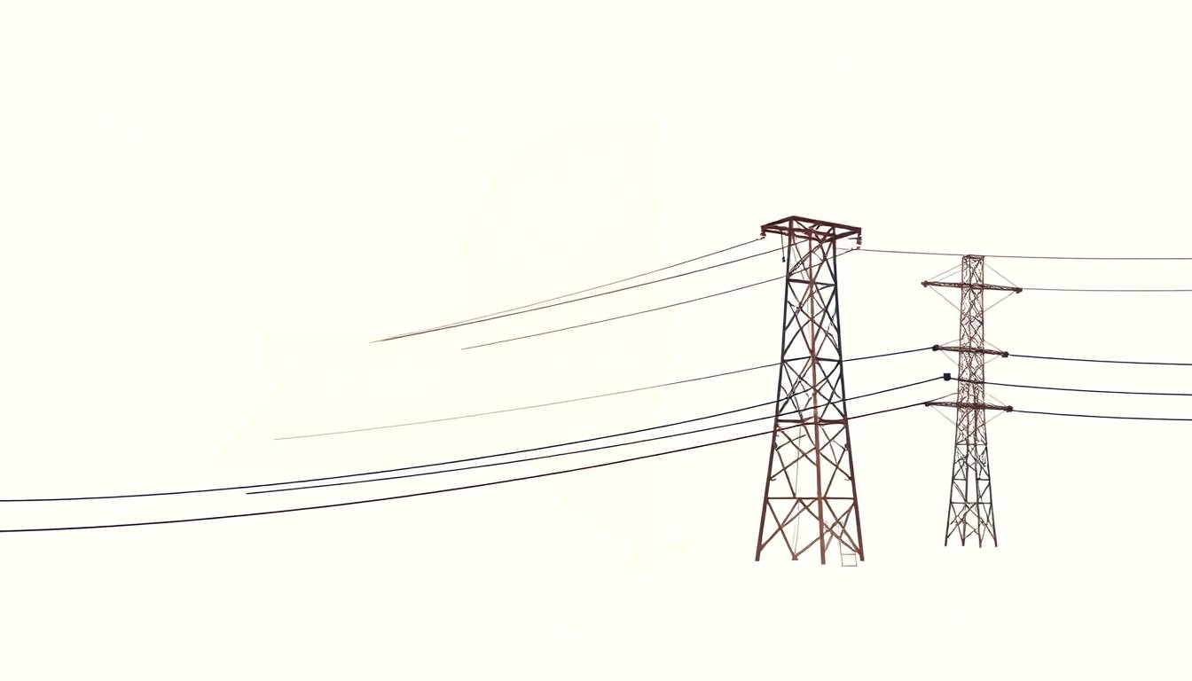 A geometric abstract illustration using bold shapes and primary colors to conceptually represent the strain on New York's electrical grid as the state transitions to clean energy.