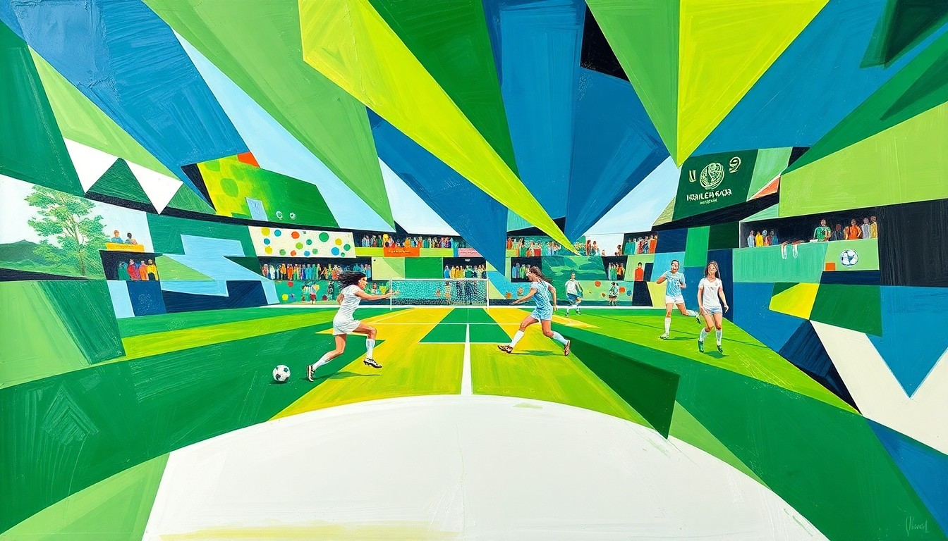 A fractured, cubist-style painting depicting a women's soccer match, with the players and field broken down into sharp, overlapping geometric shapes in vibrant colors, conveying the energy and excitement of the record-setting event.