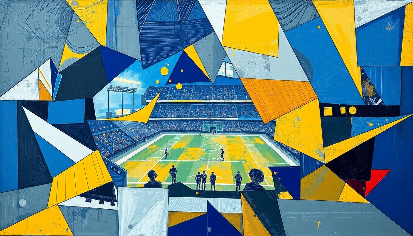 A fragmented, geometric painting depicting a football game or match, with sharp planes of navy blue, gold, and steel grey representing the Steelers' team colors and the fractured nature of their search for a long-term quarterback solution.