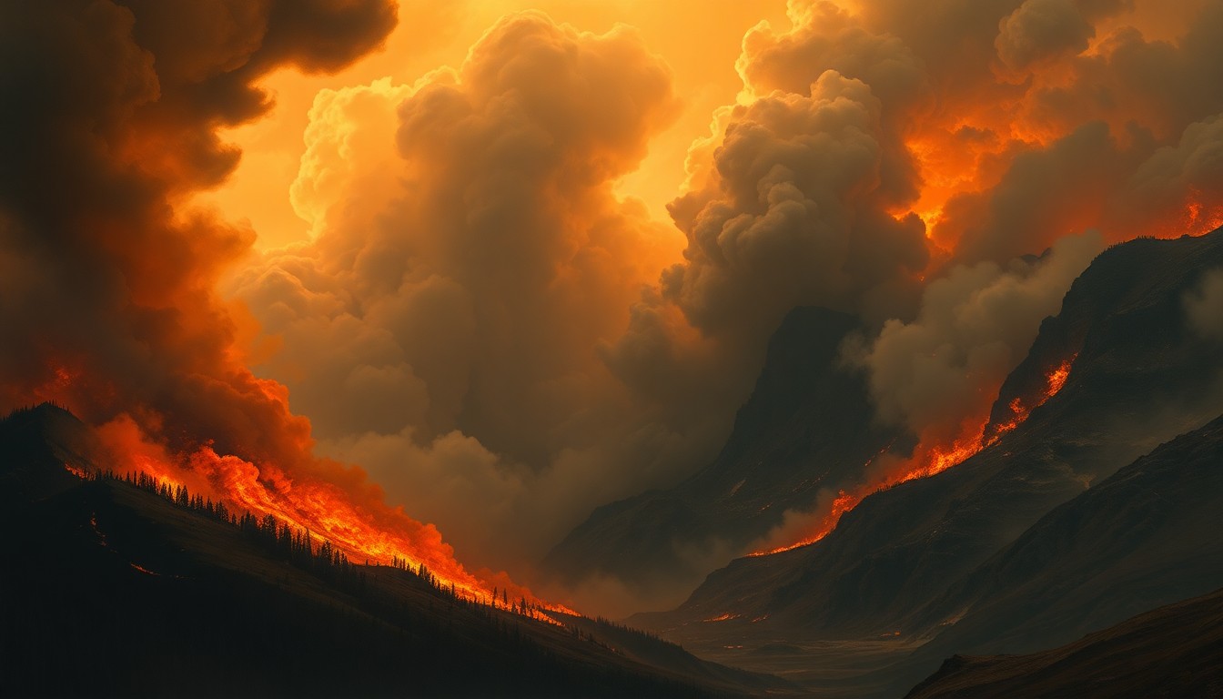 A sweeping, atmospheric landscape painting in muted tones of orange, grey, and blue, depicting a massive wildfire burning across a rugged, mountainous terrain, with the flames and smoke obscuring any visible structures or details.
