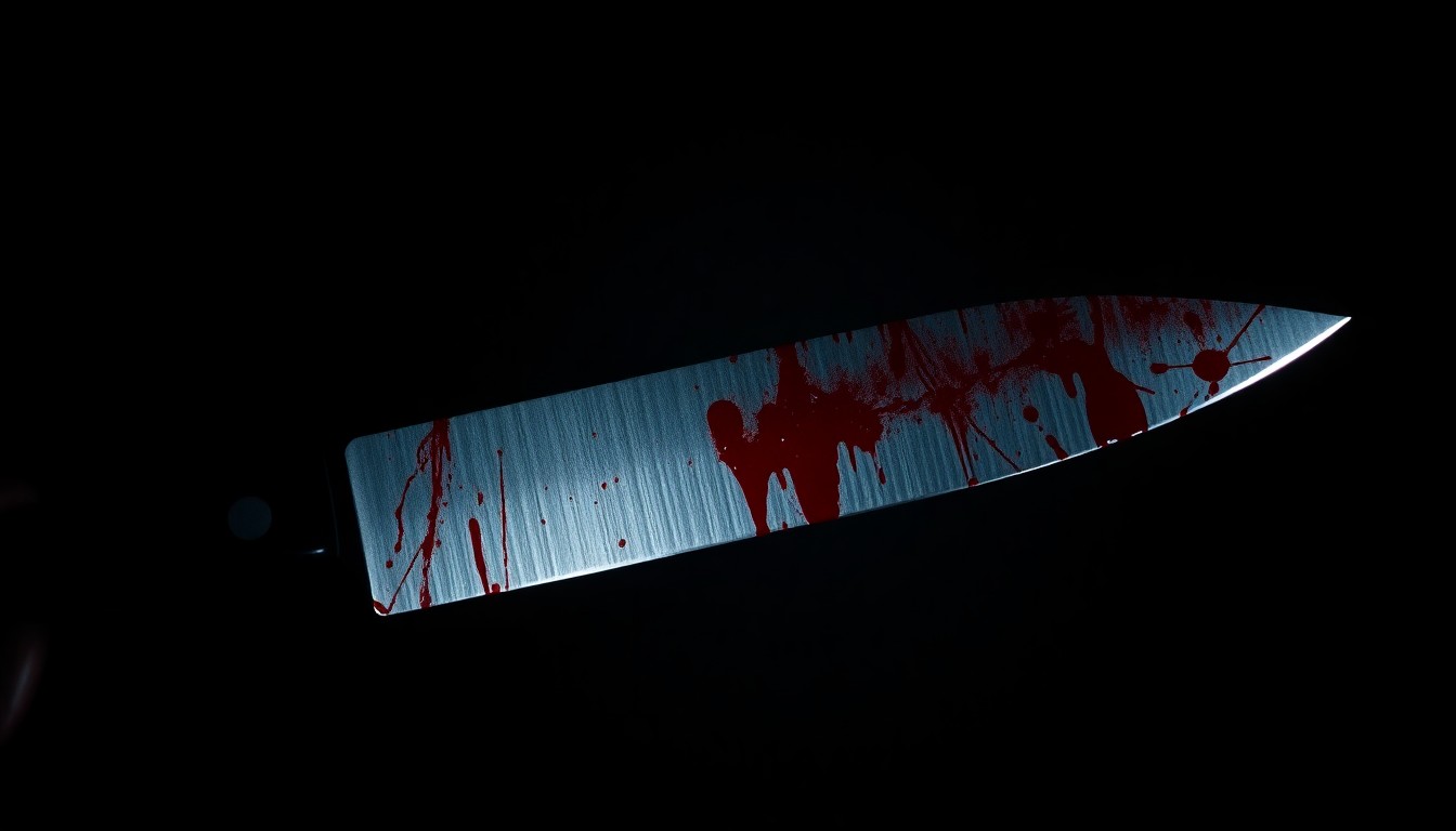 An extreme close-up of a shiny metal knife blade covered in dark red blood, starkly lit against a black background, conceptually representing the violent nature of the stabbing incident.