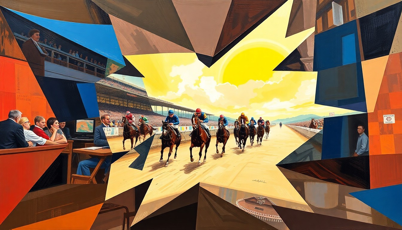 A cubist-style painting depicting a Kentucky Derby race broken down into sharp, overlapping geometric planes, with no recognizable faces or logos, only the raw energy and movement of the horses and jockeys.