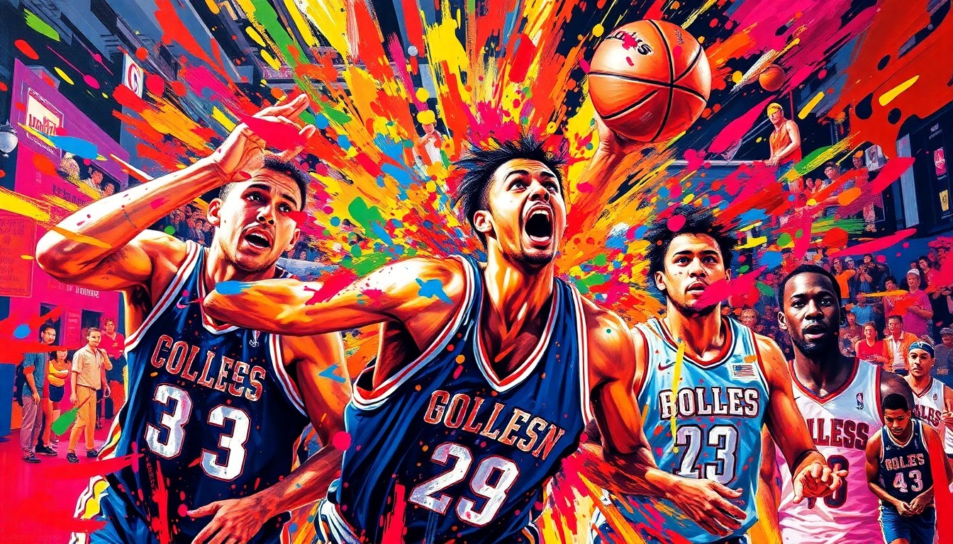 An abstract, expressionist painting in neon colors depicting the frenetic energy of a college basketball game, with players' forms dissolving into vibrant brushstrokes.