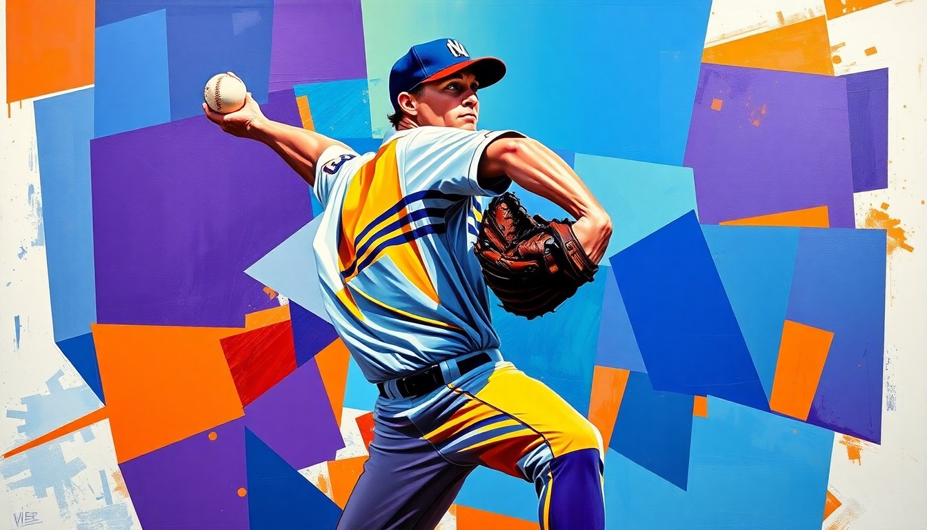 A fractured, cubist-style painting depicting a baseball pitcher's delivery and strikeout motion, broken down into sharp, overlapping geometric shapes and planes in vibrant colors, conceptually representing the power and precision of Dylan Cease's record-setting debut for the Toronto Blue Jays.