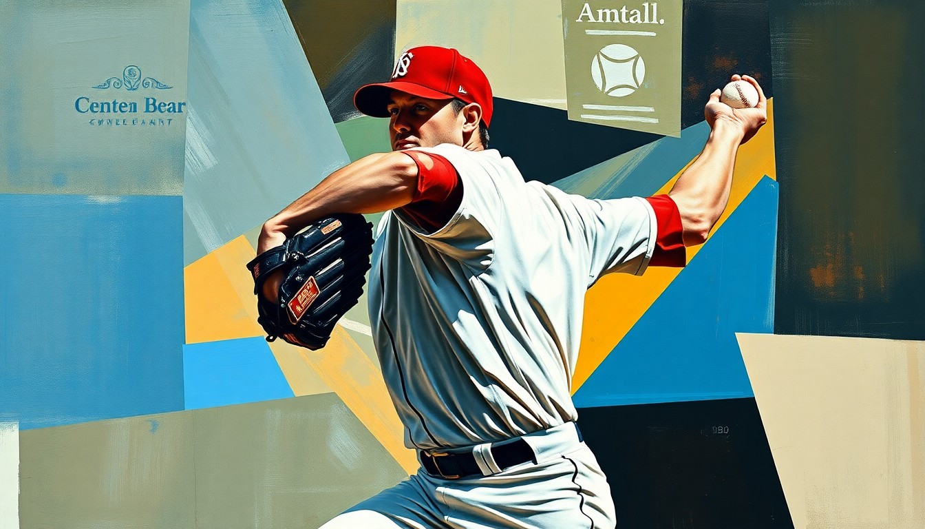A cubist-style painting featuring overlapping geometric shapes and planes that deconstruct a baseball pitcher's motion, conveying the emotion and energy of the moment through an abstract, fragmented visual style.