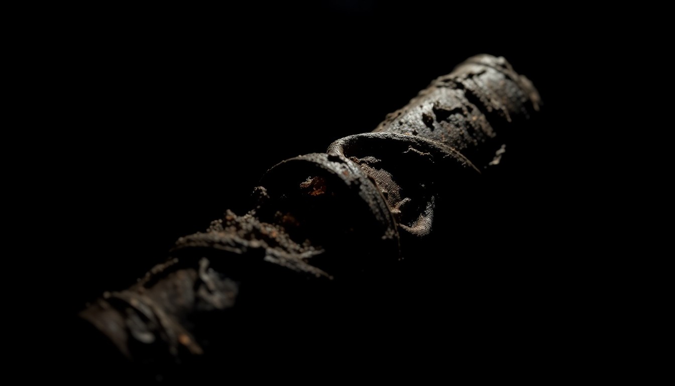 An extreme close-up photograph of a charred, twisted metal object from the house fire, lit by a harsh, direct camera flash against a pitch-black background, conveying a gritty, investigative aesthetic.
