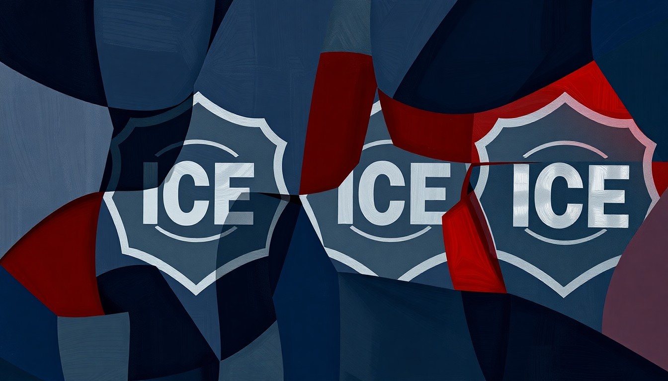 A dynamic, abstract painting featuring overlapping, fragmented shapes and lines in shades of blue, red, and grey, conceptually representing the divisive politics surrounding immigration policy and enforcement.