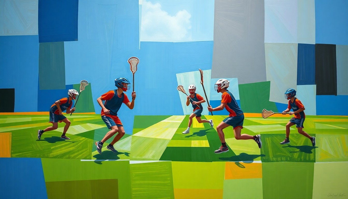 A cubist, geometric painting depicting a boys lacrosse game, with the players and field broken down into sharp, overlapping planes of vibrant blue, green, and orange colors.