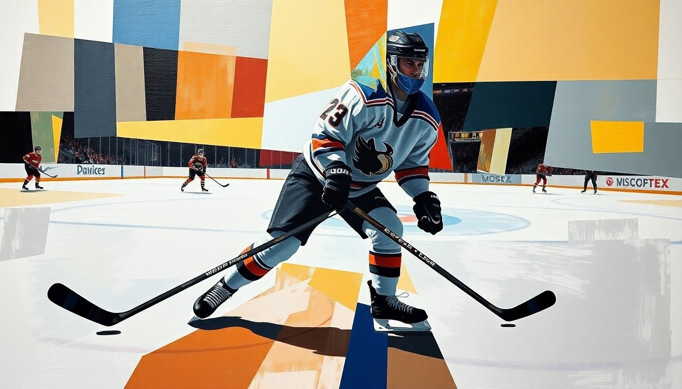A cubist, geometric painting depicting a hockey player's movements on the ice, with sharp, fragmented shapes and planes of color representing the sport's dynamic action.