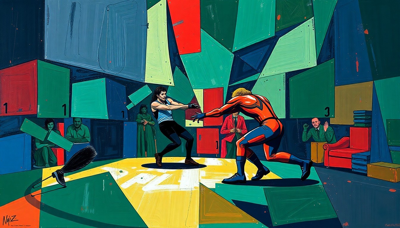 A fractured, multi-perspective painting depicting the intense action and movement of a wrestling match, with sharp geometric shapes in deep blues, greens, and reds conveying the raw energy and determination of the sport.