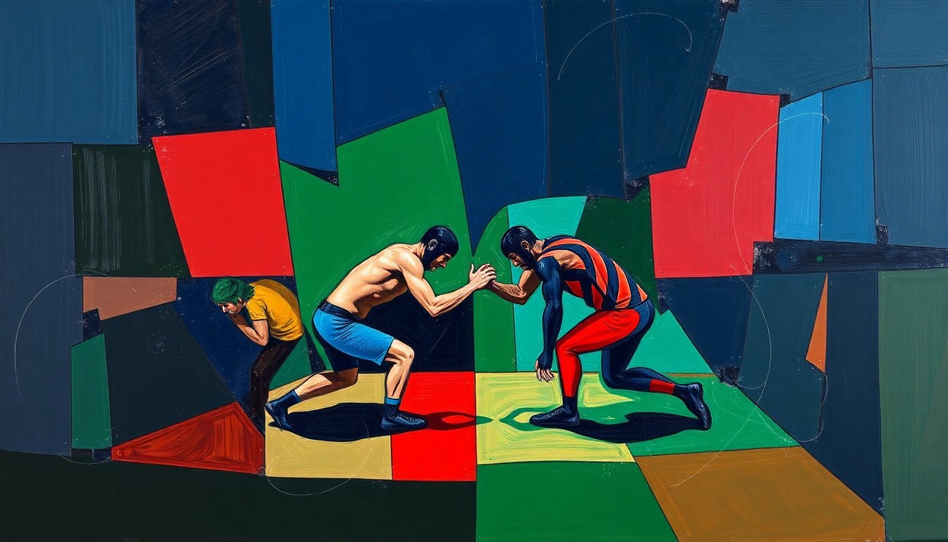 A cubist-style painting depicting a wrestling match, with the figures and action broken down into sharp, overlapping geometric shapes in shades of navy, green, and red, conveying the intensity and energy of the sport.