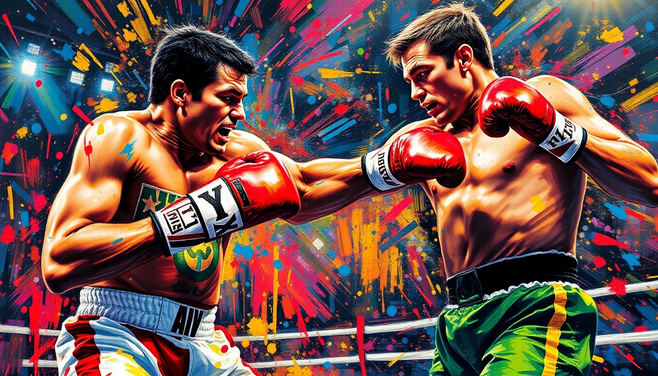An extreme close-up of two boxers in mid-action, their faces and bodies obscured by vibrant, expressive brushstrokes in neon colors that capture the raw energy and power of the fight.