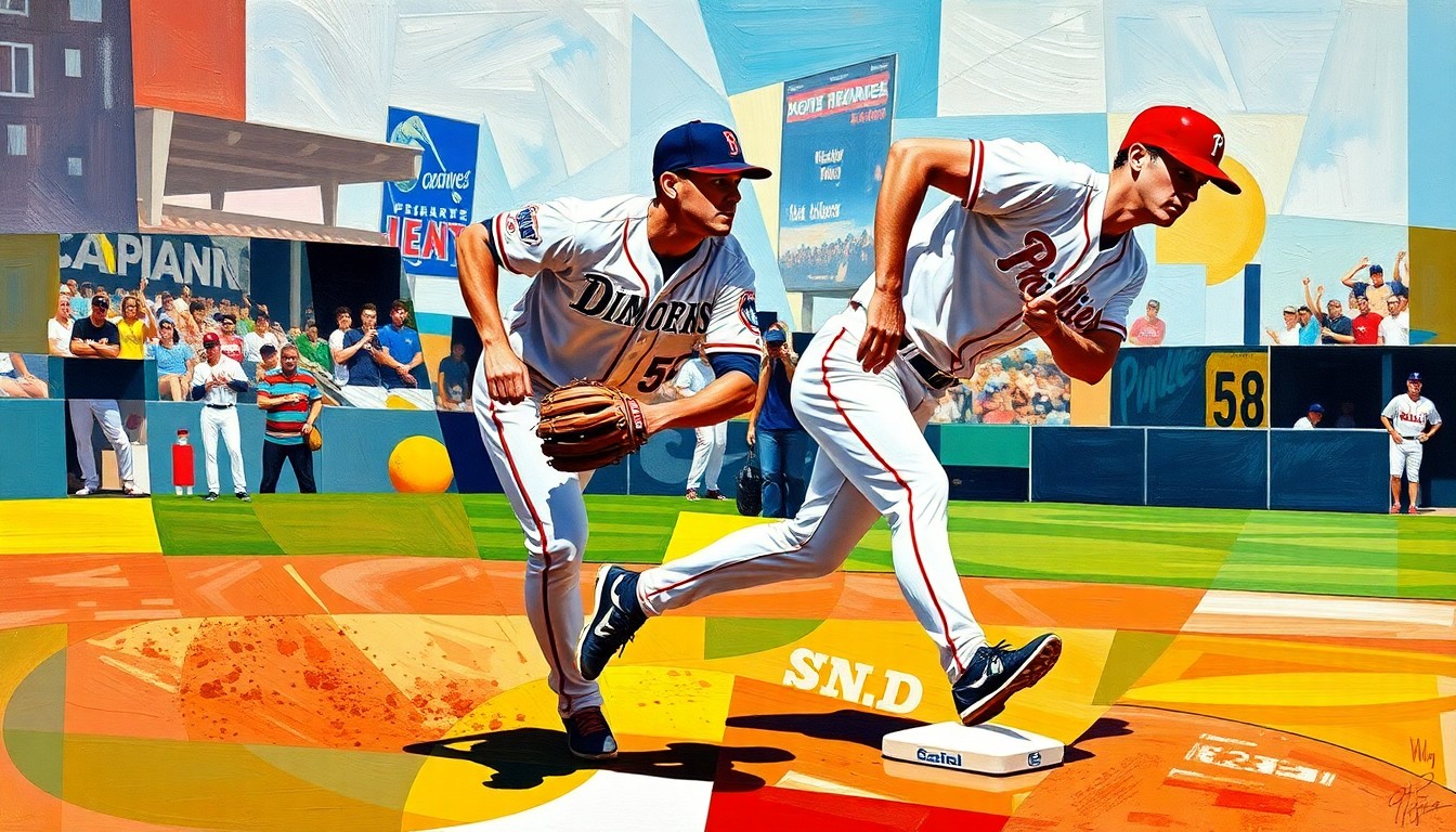 A fragmented, geometric painting depicting a baseball infielder in motion, with sharp planes of color representing the uniforms of the Arizona Diamondbacks and Philadelphia Phillies.