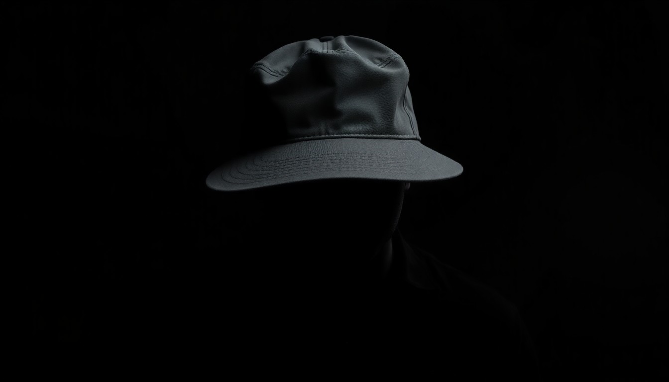 An extreme close-up photograph of a stolen hat and shirt, the textures and details sharply illuminated by a harsh flash against a pitch-black background, creating a stark, gritty, investigative aesthetic.