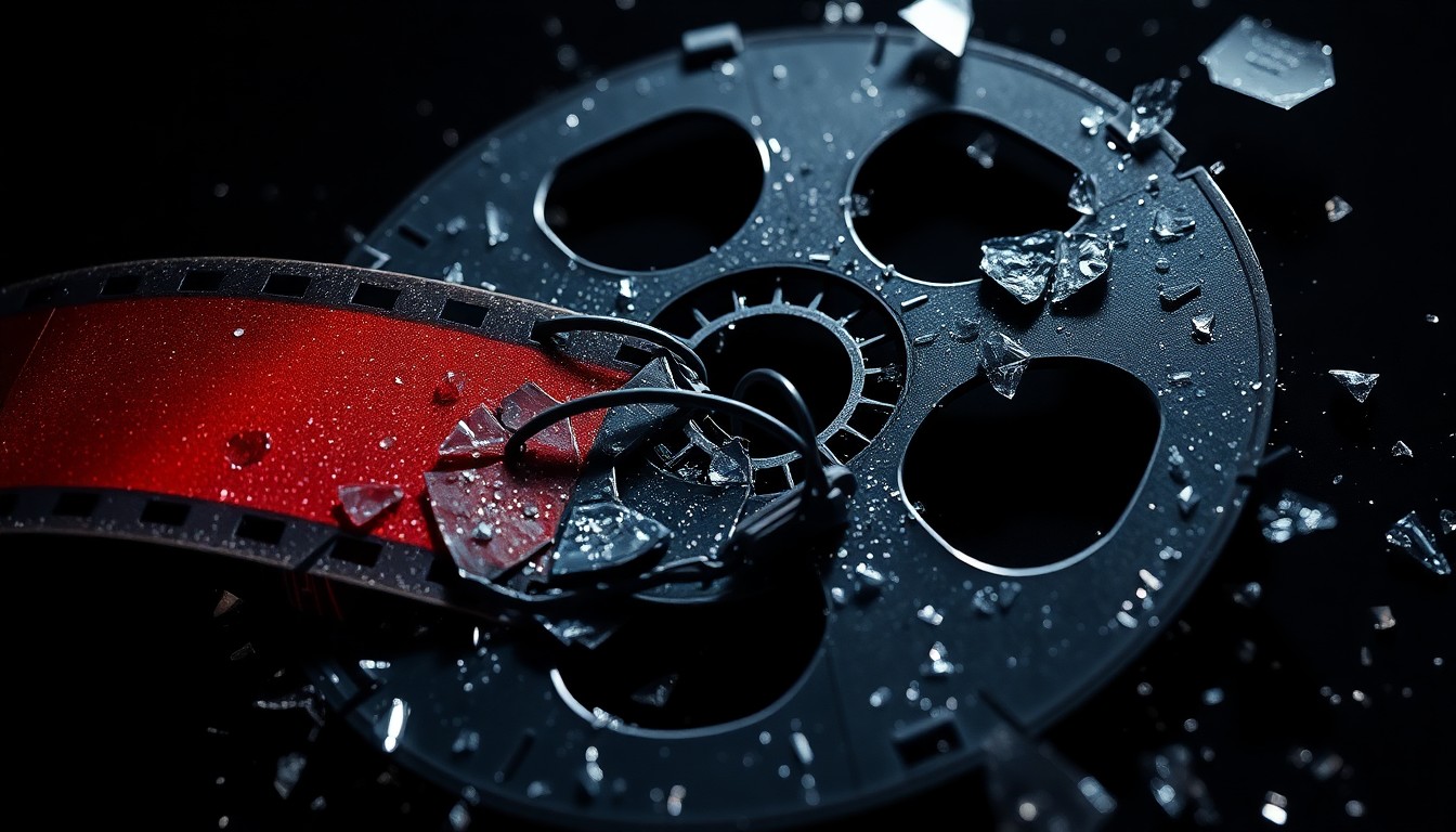 An extreme close-up photograph of a cracked and shattered movie film reel, with dramatic high-contrast studio lighting creating a glitzy, high-fashion aesthetic. The textural details and fragmented nature of the damaged film symbolize the loss of a legendary actor.
