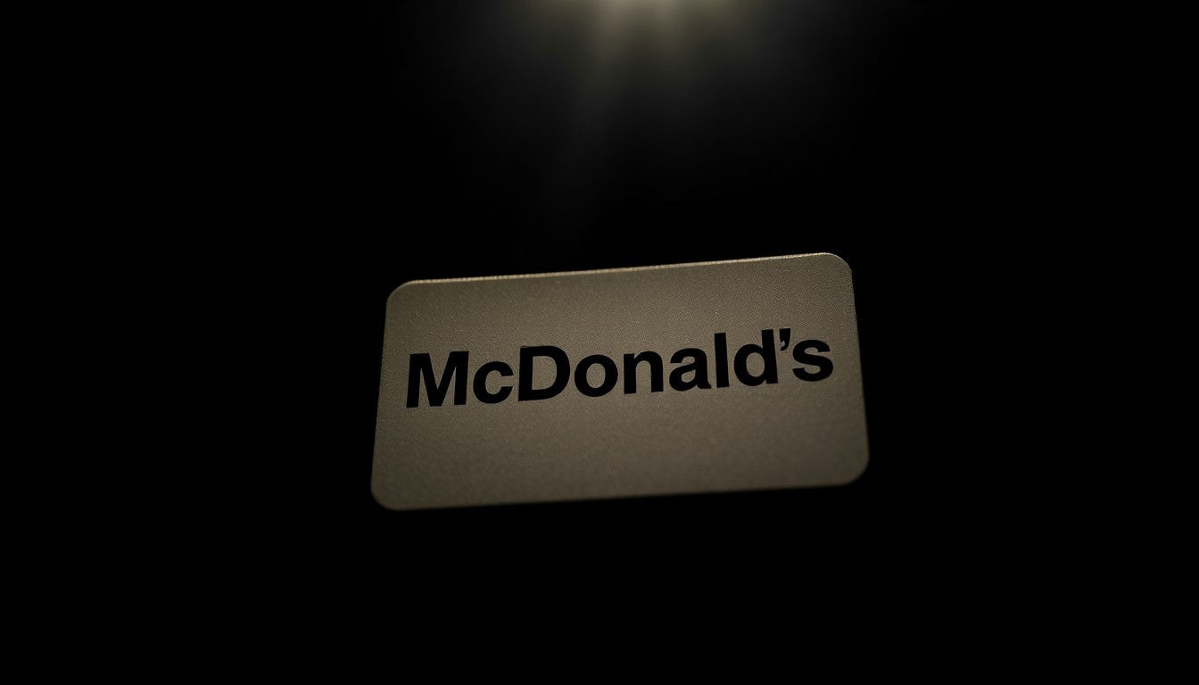 An extreme close-up photograph of a McDonald's employee name tag or uniform button lit by a harsh, direct camera flash against a pitch-black background, creating a stark, gritty, investigative aesthetic.