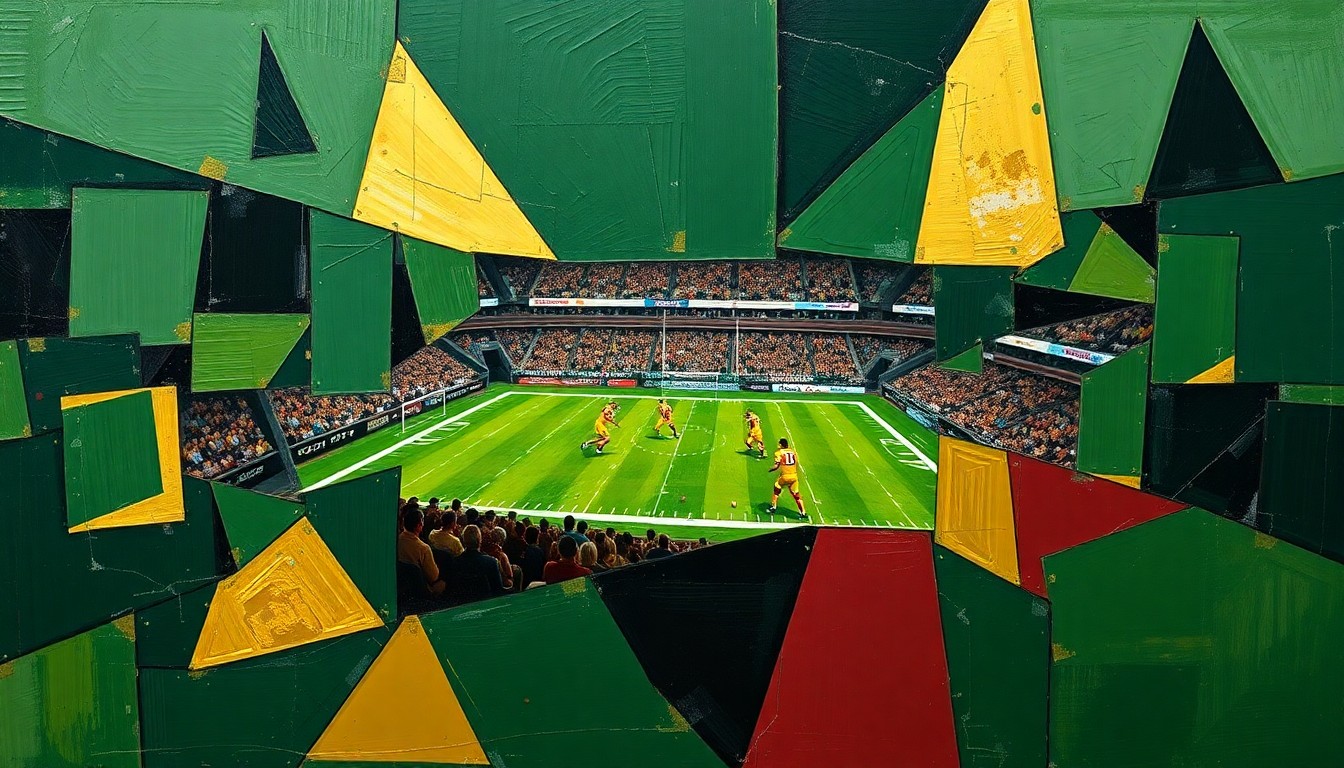 A fractured, geometric painting in shades of green, gold, and maroon, breaking down a football scene into sharp, overlapping planes to capture the intensity and complexity of the coaching challenge facing Bobby Kennedy at Montana.