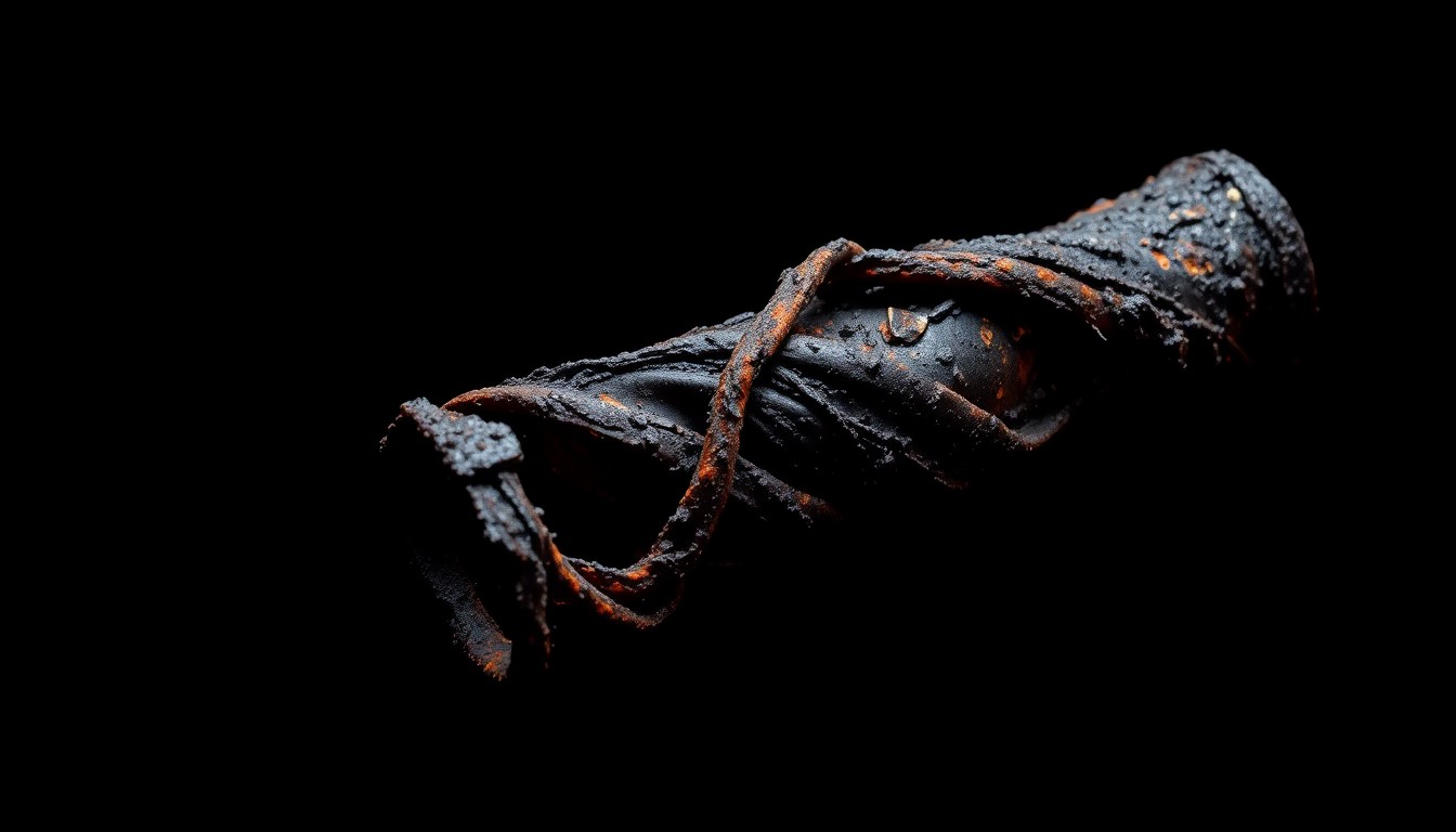 An extreme close-up photograph of a charred, twisted metal object against a pitch-black background, conveying the stark, gritty aftermath of a deadly house fire.