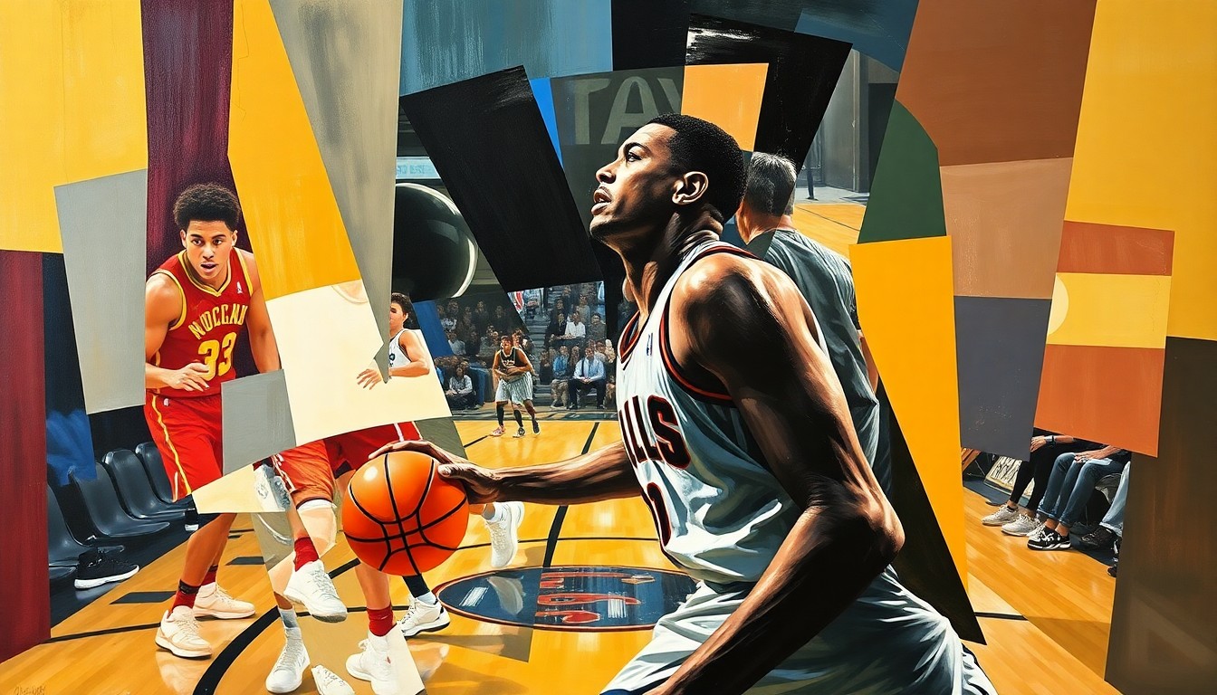 A cubist, geometric painting depicting a basketball player in motion, their figure fragmented and abstracted into sharp, overlapping planes of color, conveying the tension and uncertainty surrounding Collin Chandler's college basketball future.