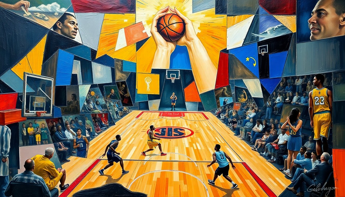 A fragmented, abstract painting depicting a basketball game or match, with the players and court broken down into sharp, overlapping geometric shapes and planes in a cubist style.