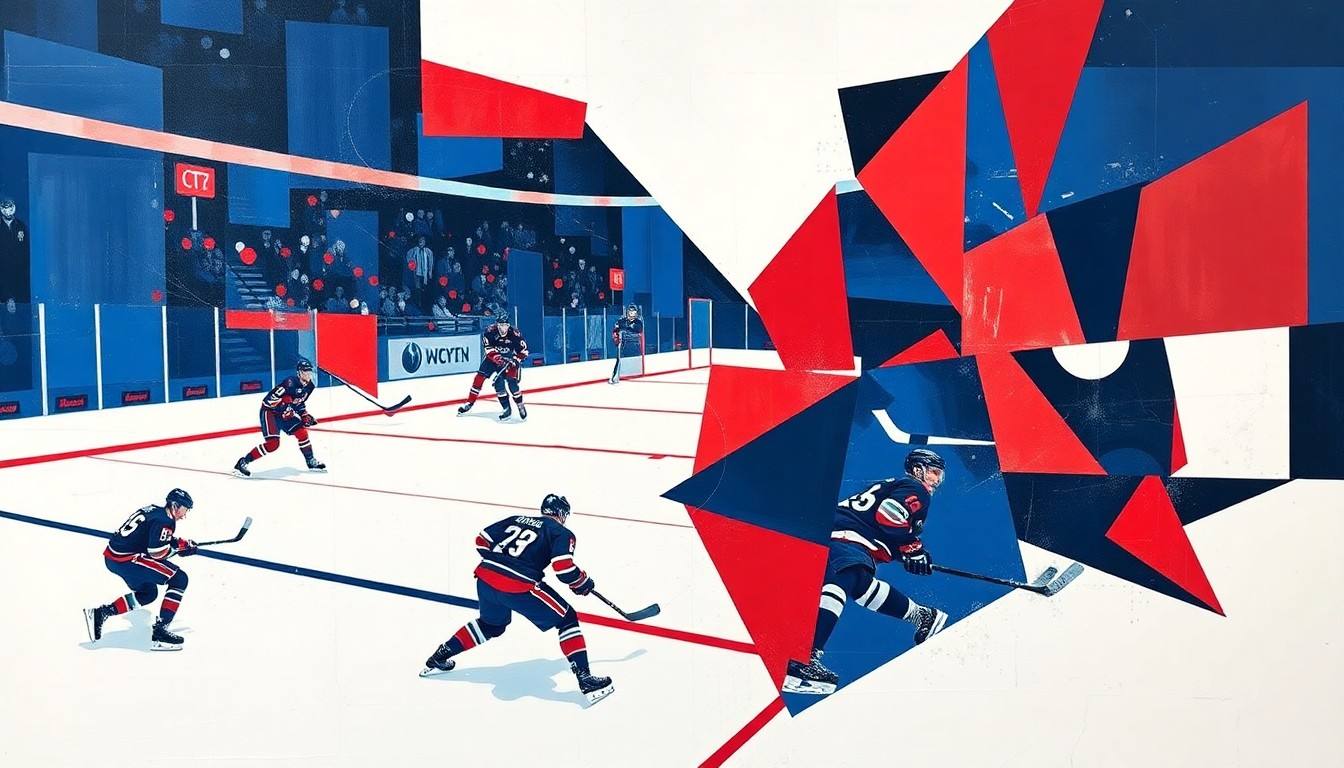 A cubist, geometric painting depicting the chaotic final moments of a hockey game, with players and the rink broken down into sharp, overlapping planes of navy, red, and white.