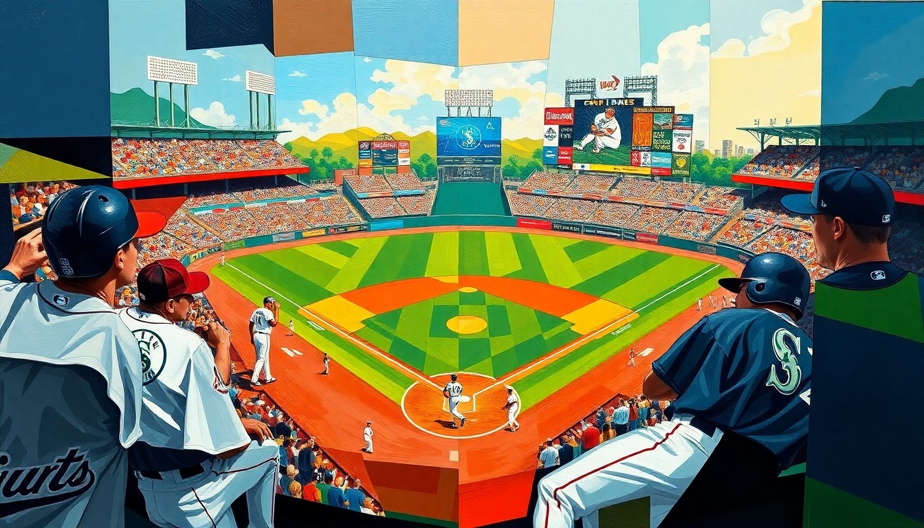 A fractured, multi-perspective painting depicting a baseball game between the Cleveland Guardians and Seattle Mariners, with the players and field broken down into sharp, overlapping geometric shapes and planes in a vibrant color palette.