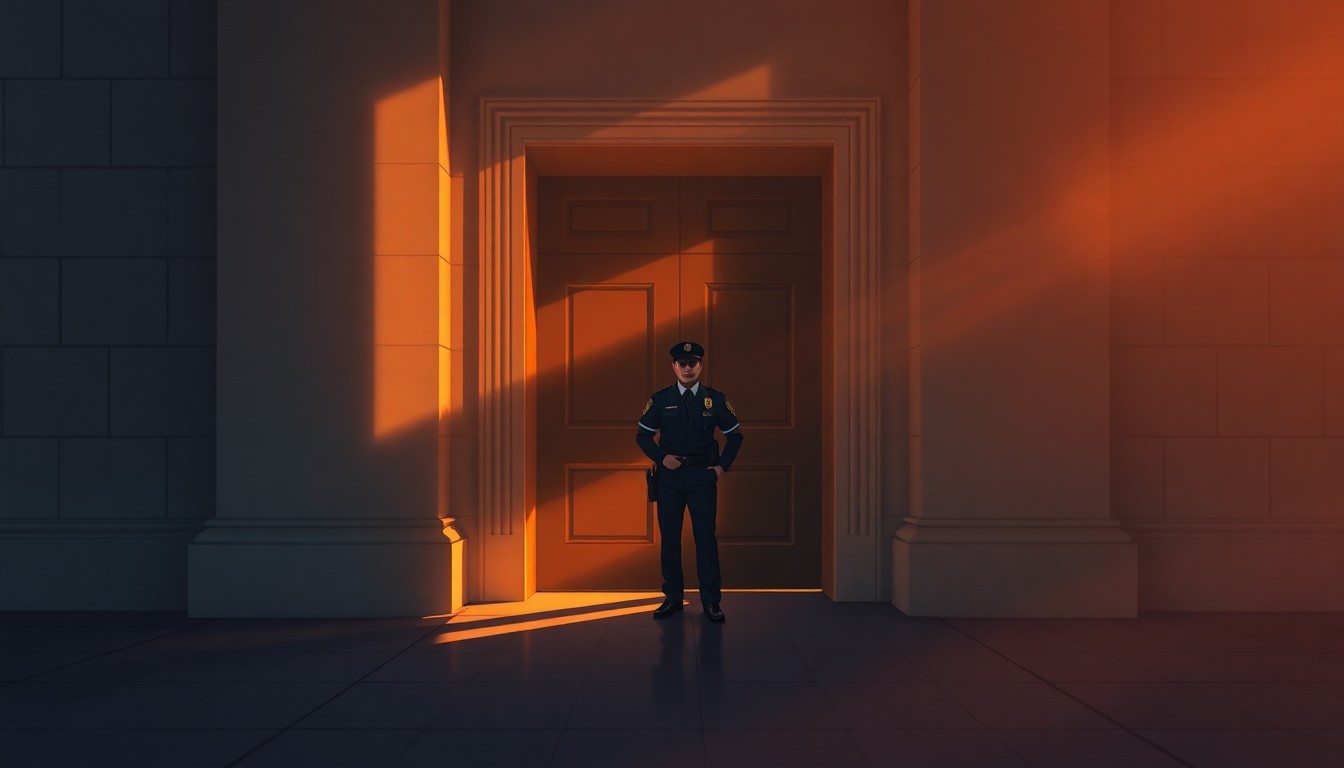 A moody, cinematic painting depicting a lone immigration enforcement officer standing in the doorway of a government building, the scene bathed in warm, diagonal sunlight and deep shadows, conveying a sense of unease and conflict over the issue of immigration.