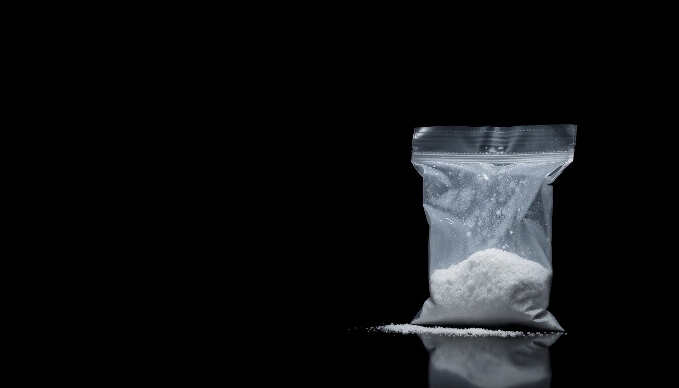 An extreme close-up of a small plastic bag containing a white crystalline substance, dramatically lit by a harsh camera flash to create a stark, gritty visual metaphor for the issue of methamphetamine possession.